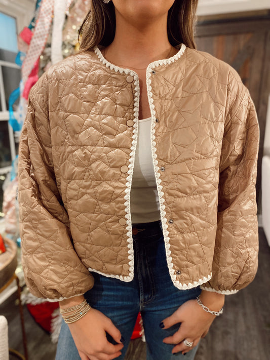 Quilted Button Front Star Jacket - Taupe