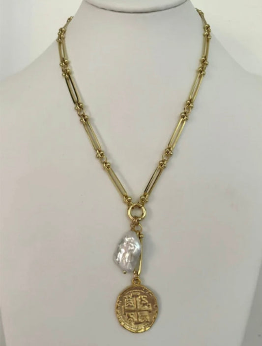 Knotty Bling - Pearl & Coin Charm Necklace