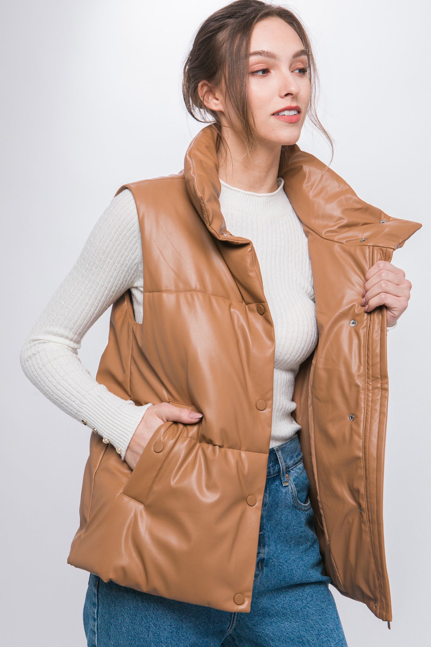 Camel Leather Puffer Vest