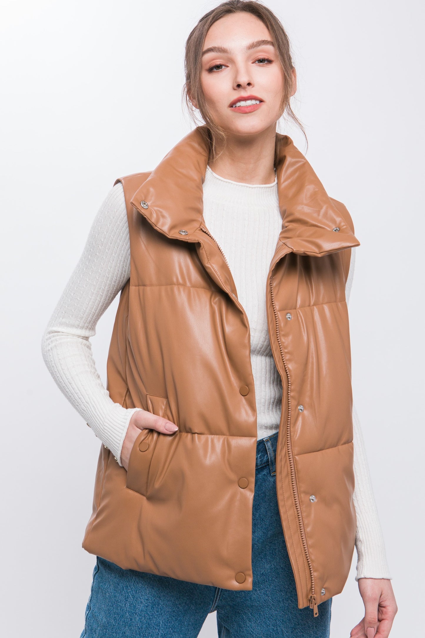 Camel Leather Puffer Vest