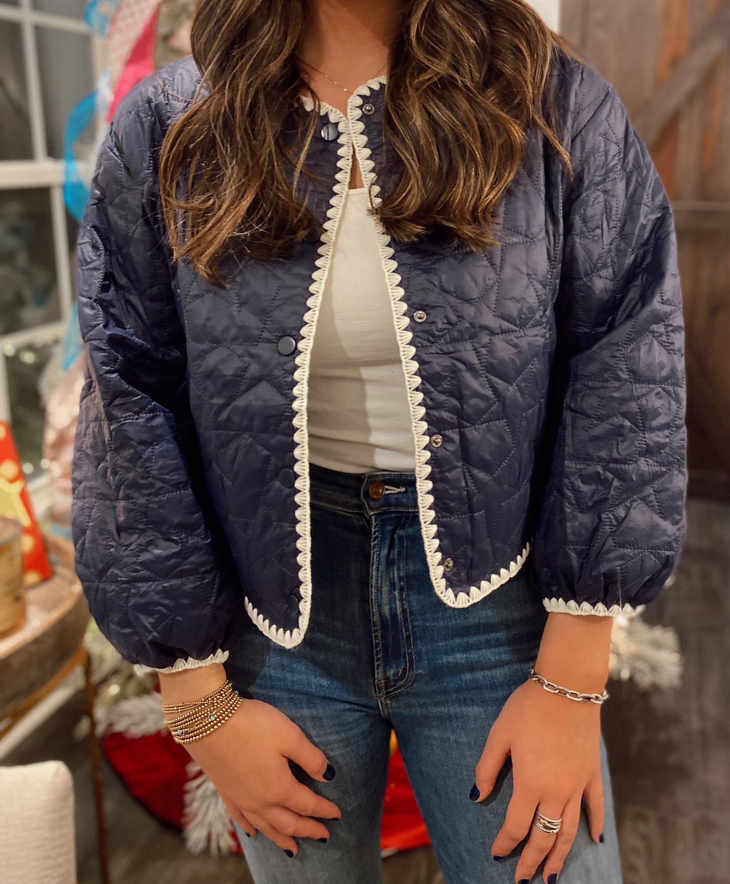 Quilted Button Front Star Jacket - Navy