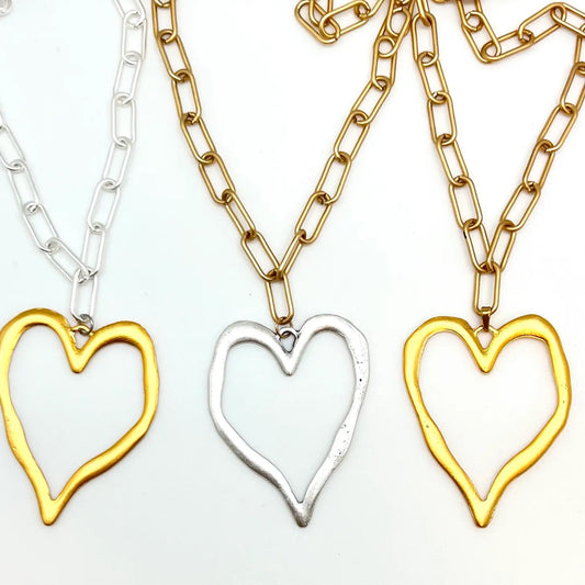 Open Heart Necklace - Gold Heart + Silver Chain