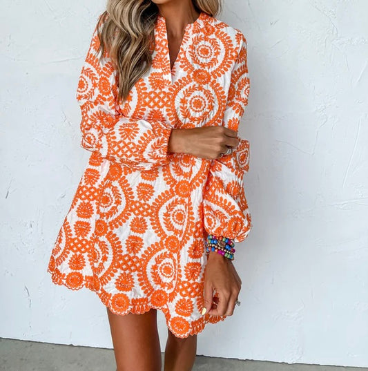 Orange Embroidered Shift Dress