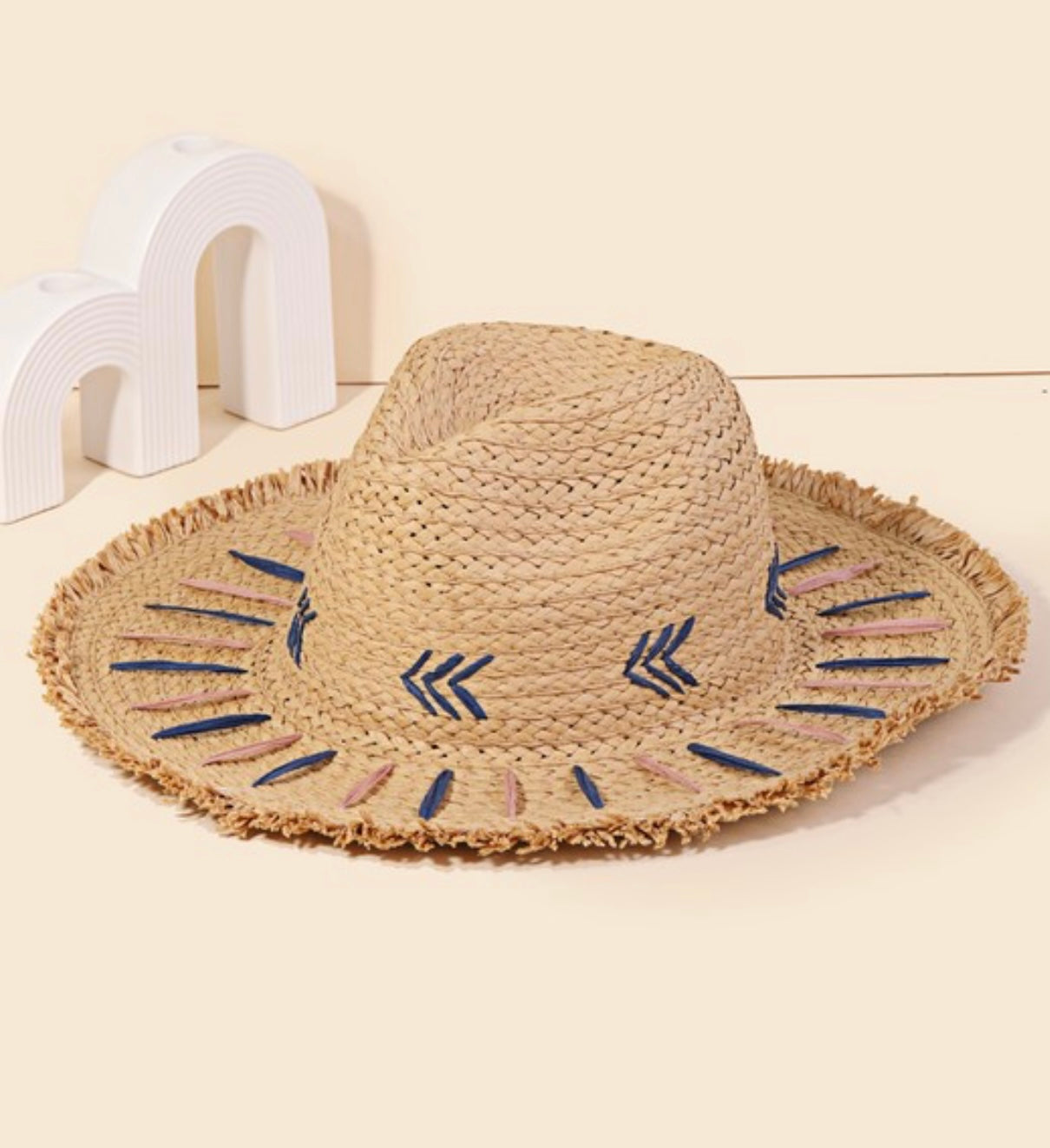 Embroidered Straw Sun Hat - Khaki