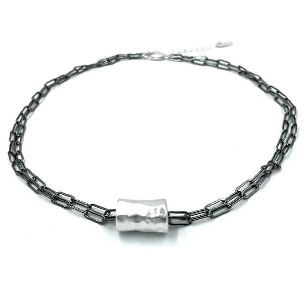 Silver Barrel on Double Gunmetal Necklace