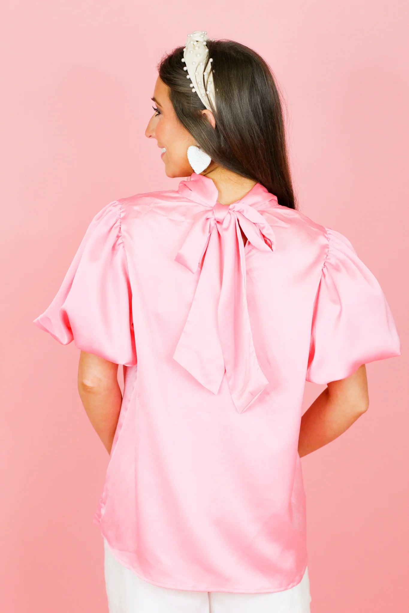 Satin High Neck Top + Tie Back Detail - Pink